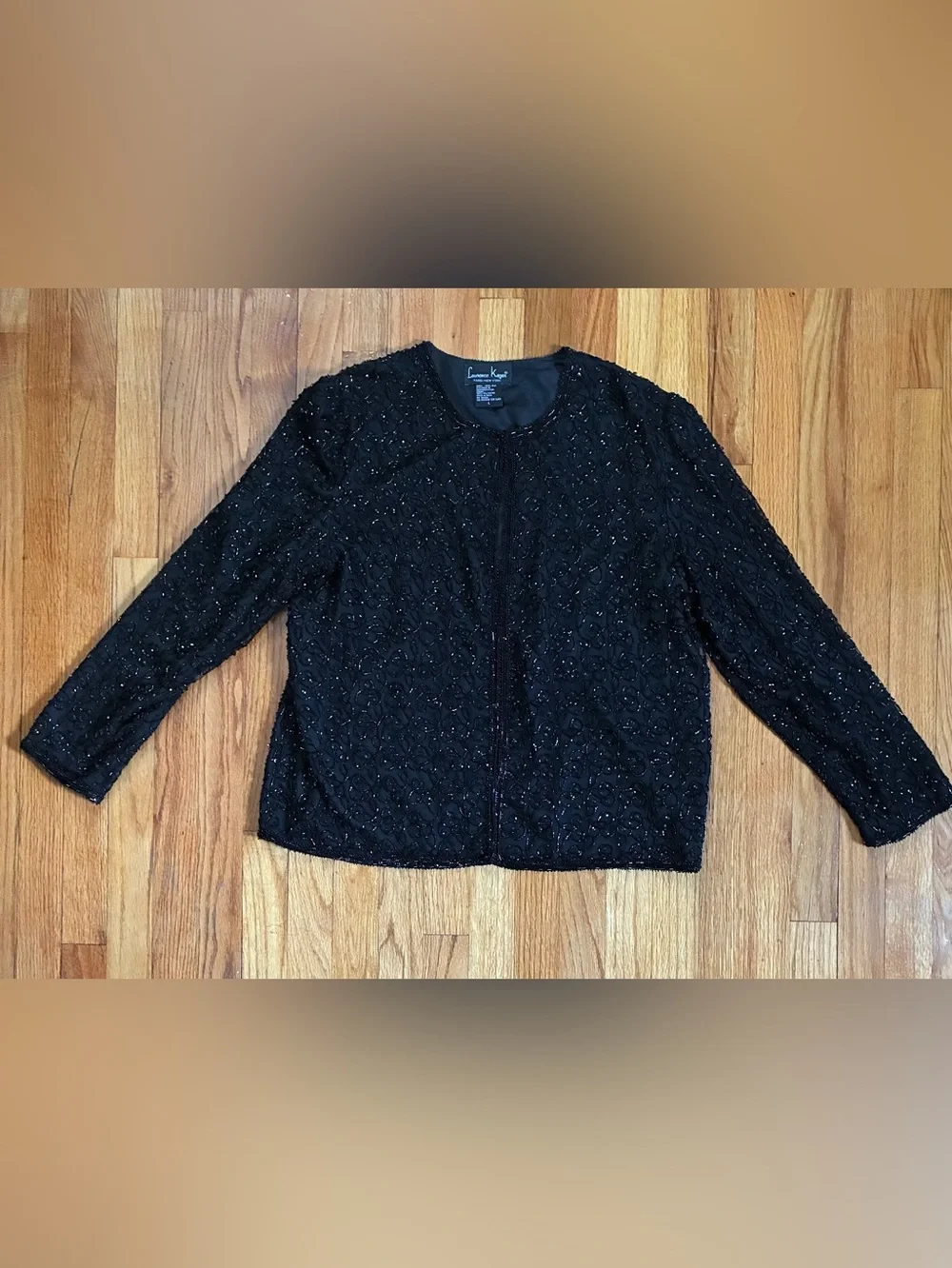 VTG Laurence Kazar Black Beaded Sequin Silk Open Front Lined Jacket Women’s L